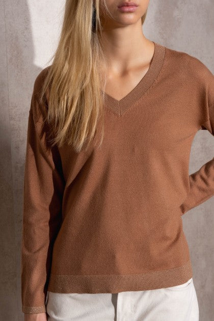 SUÉTER DE PUNTO DE LUREX CON CUELLO V BRONCE