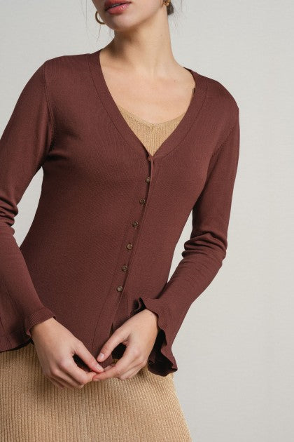 CHAQUETA CUELLO EN V CON VOLANTES Y BOTONES MARRON
