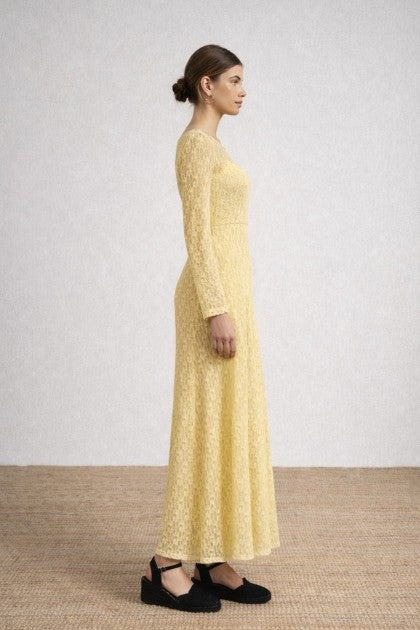 VESTIDO LARGO CON ENCAJE Y ESCOTE REDONDO AMARILLO
