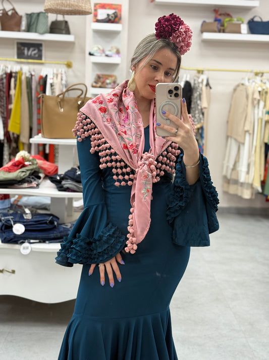 TRAJE FLAMENCA CARRUCHAS AZUL PETROLEO