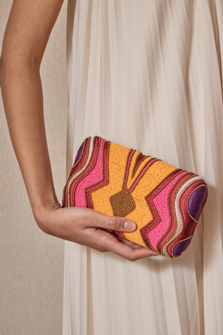 BOLSO CLUTCHE BORDADO ROSA NARANJA