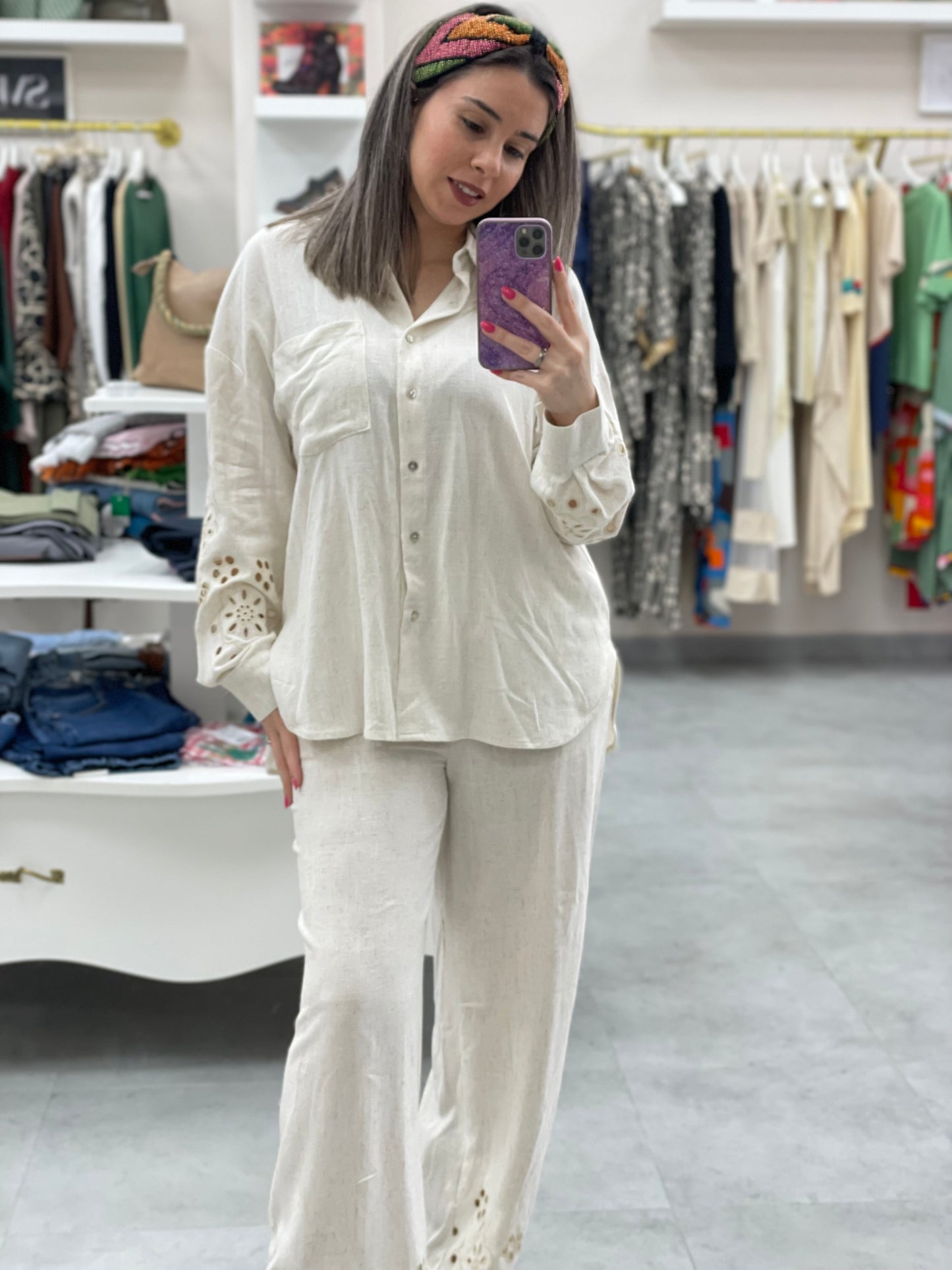 CONJUNTO LINO BEIGE BROCADOS - CAMISA PANTALON -