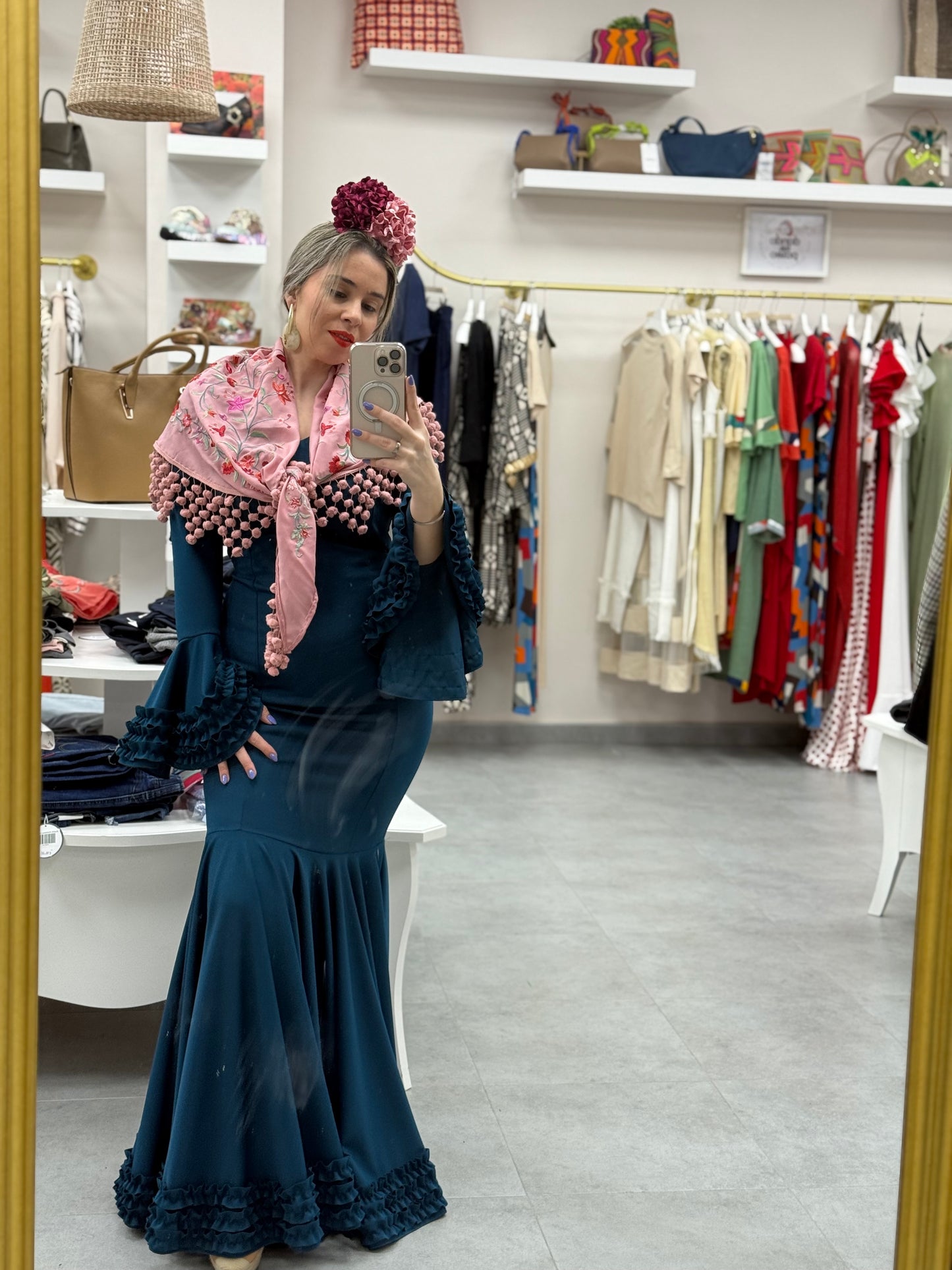 TRAJE FLAMENCA CARRUCHAS AZUL PETROLEO