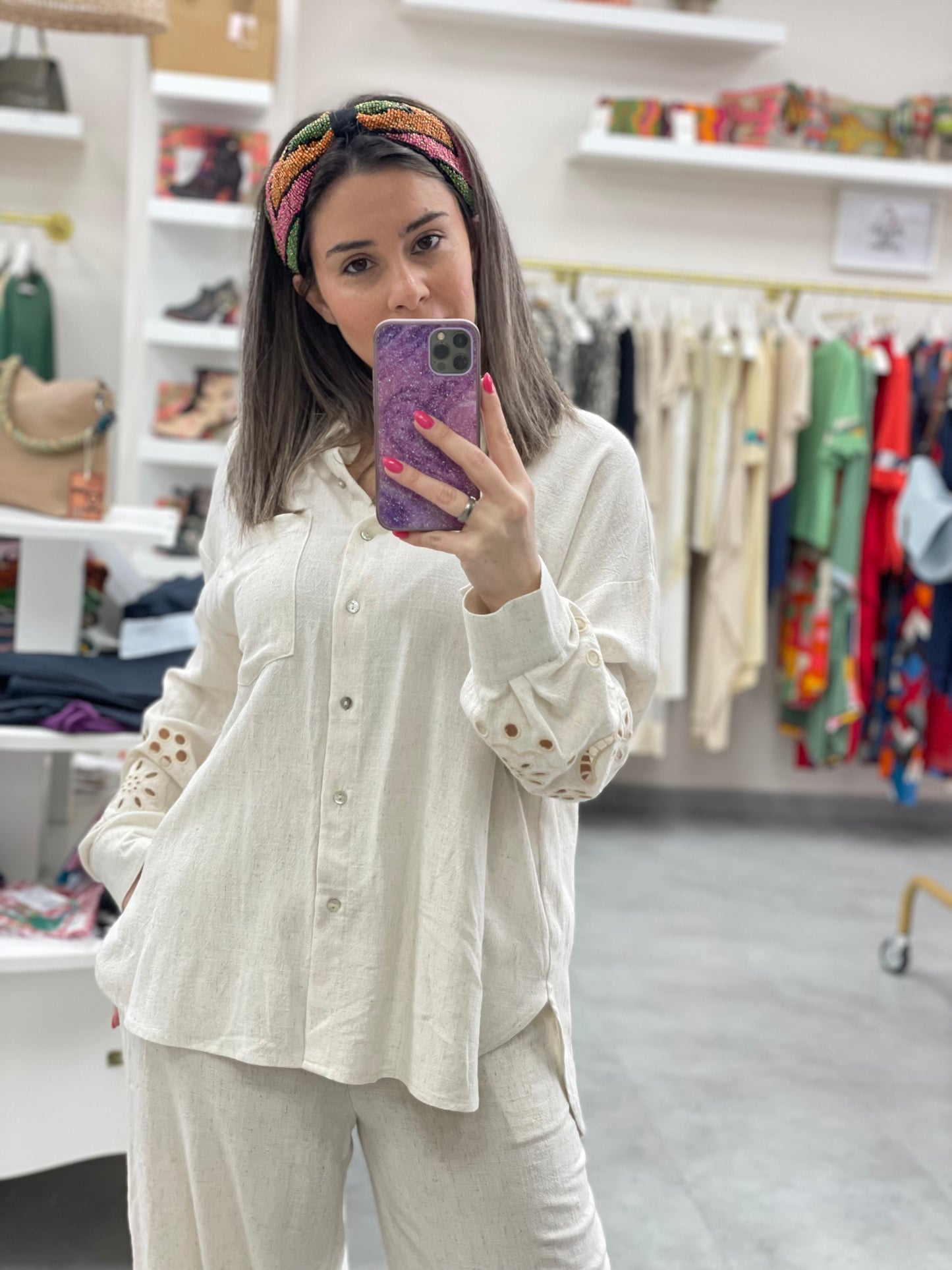 CONJUNTO LINO BEIGE BROCADOS - CAMISA PANTALON -