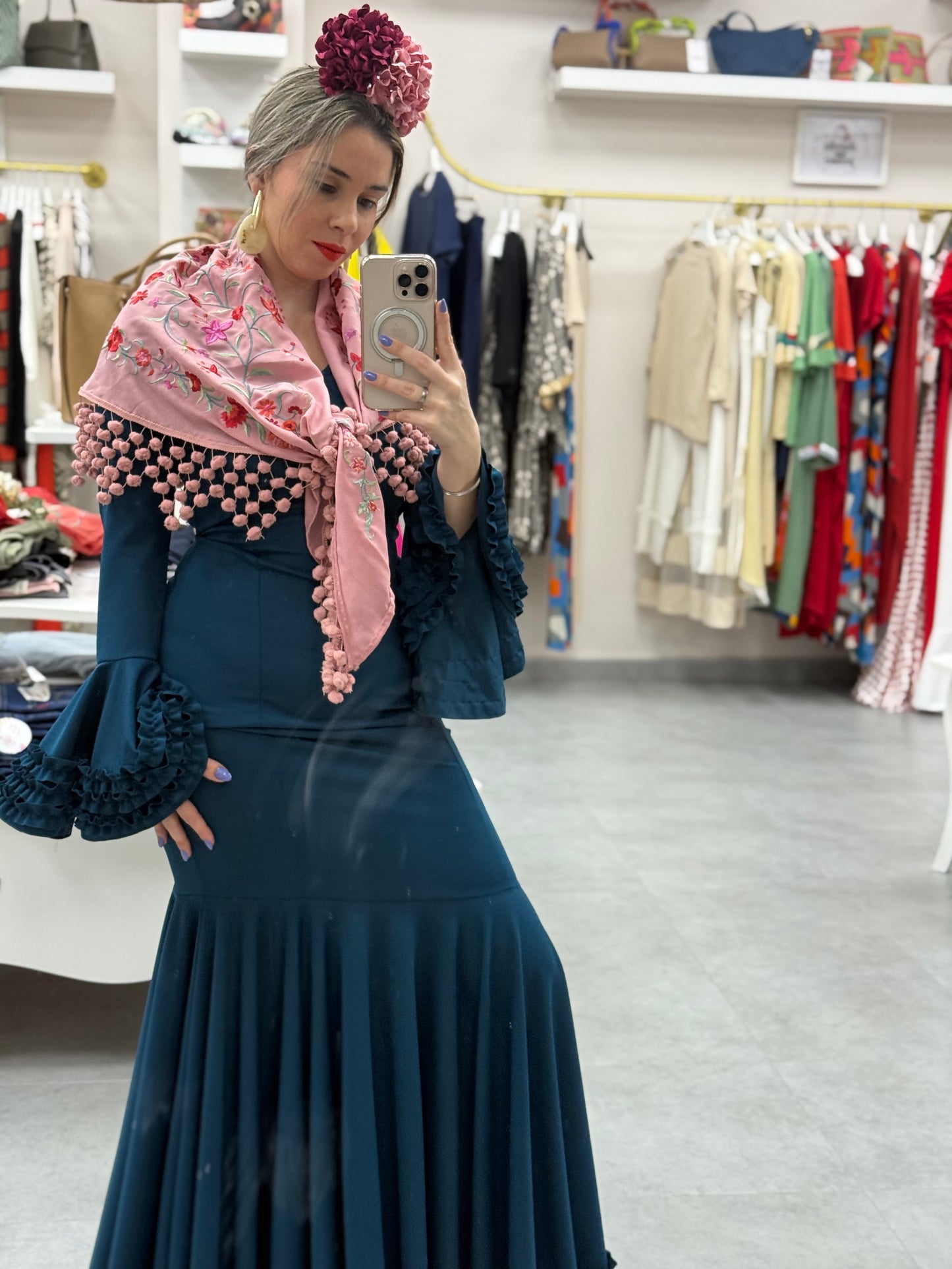 TRAJE FLAMENCA CARRUCHAS AZUL PETROLEO