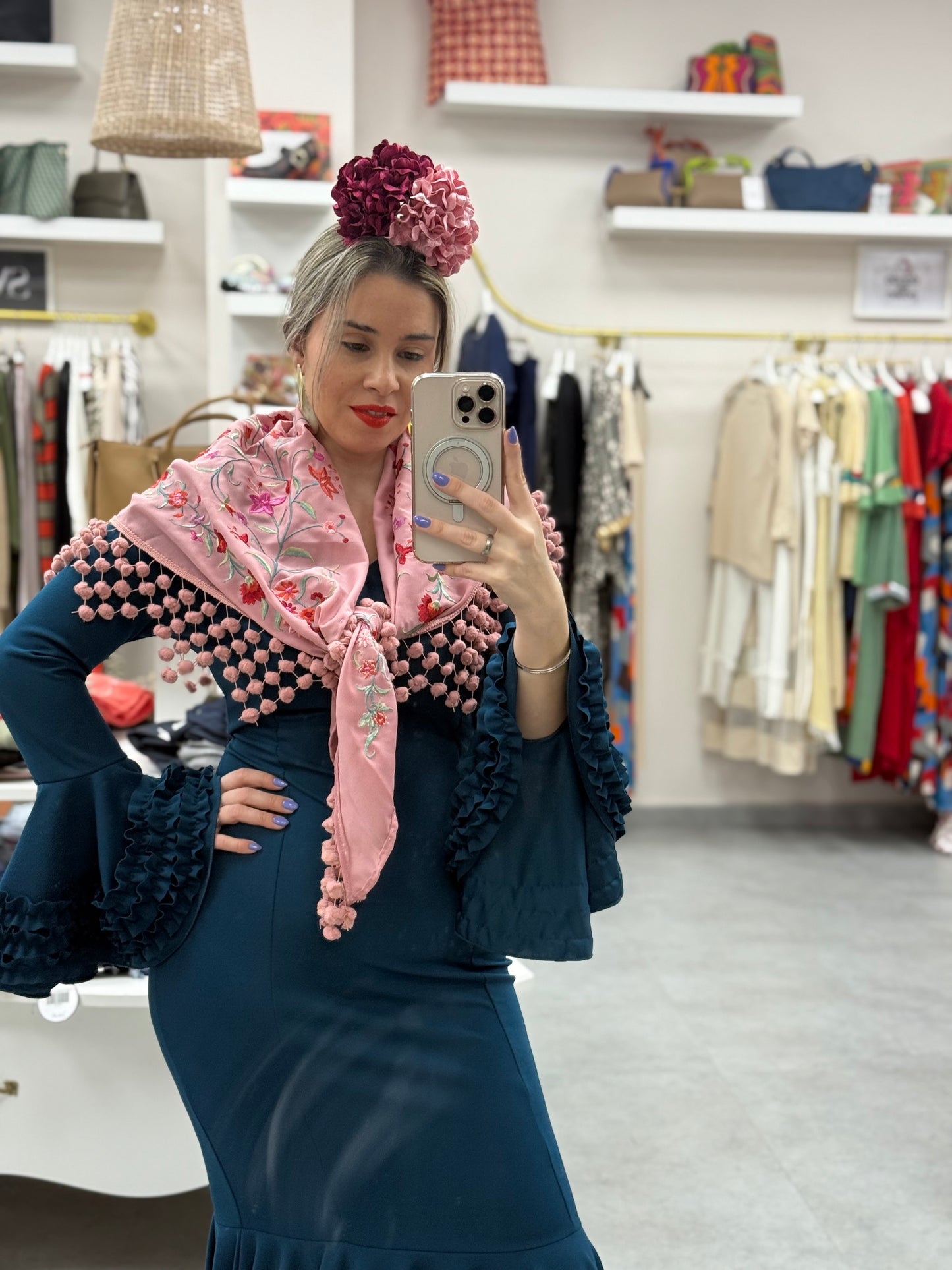 TRAJE FLAMENCA CARRUCHAS AZUL PETROLEO