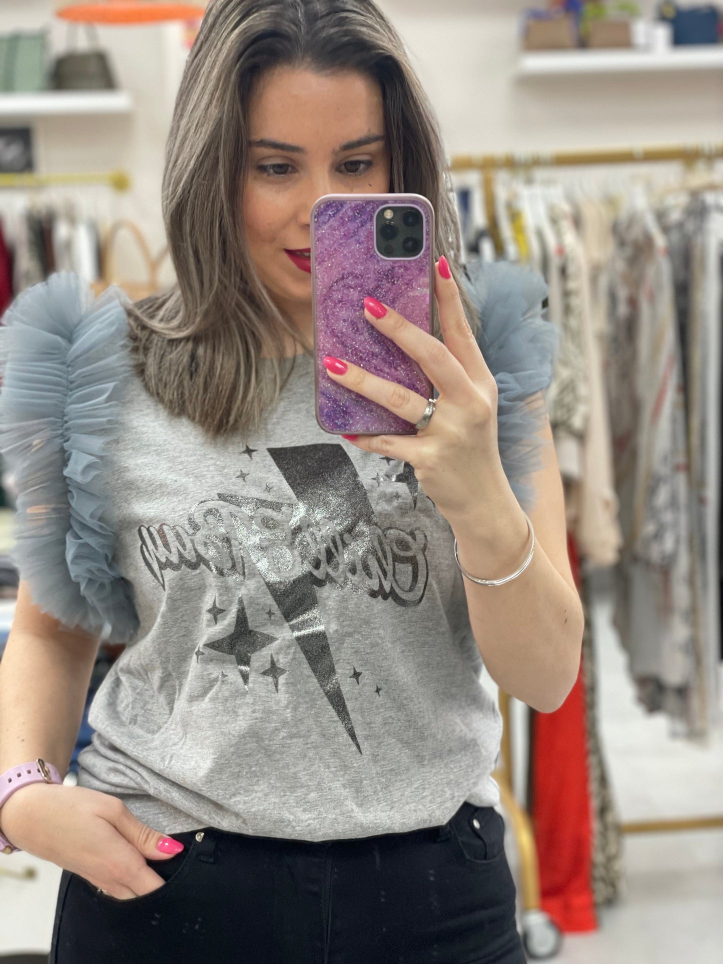 CAMISETA GRIS RAYO VOLANTE TUL GRIS