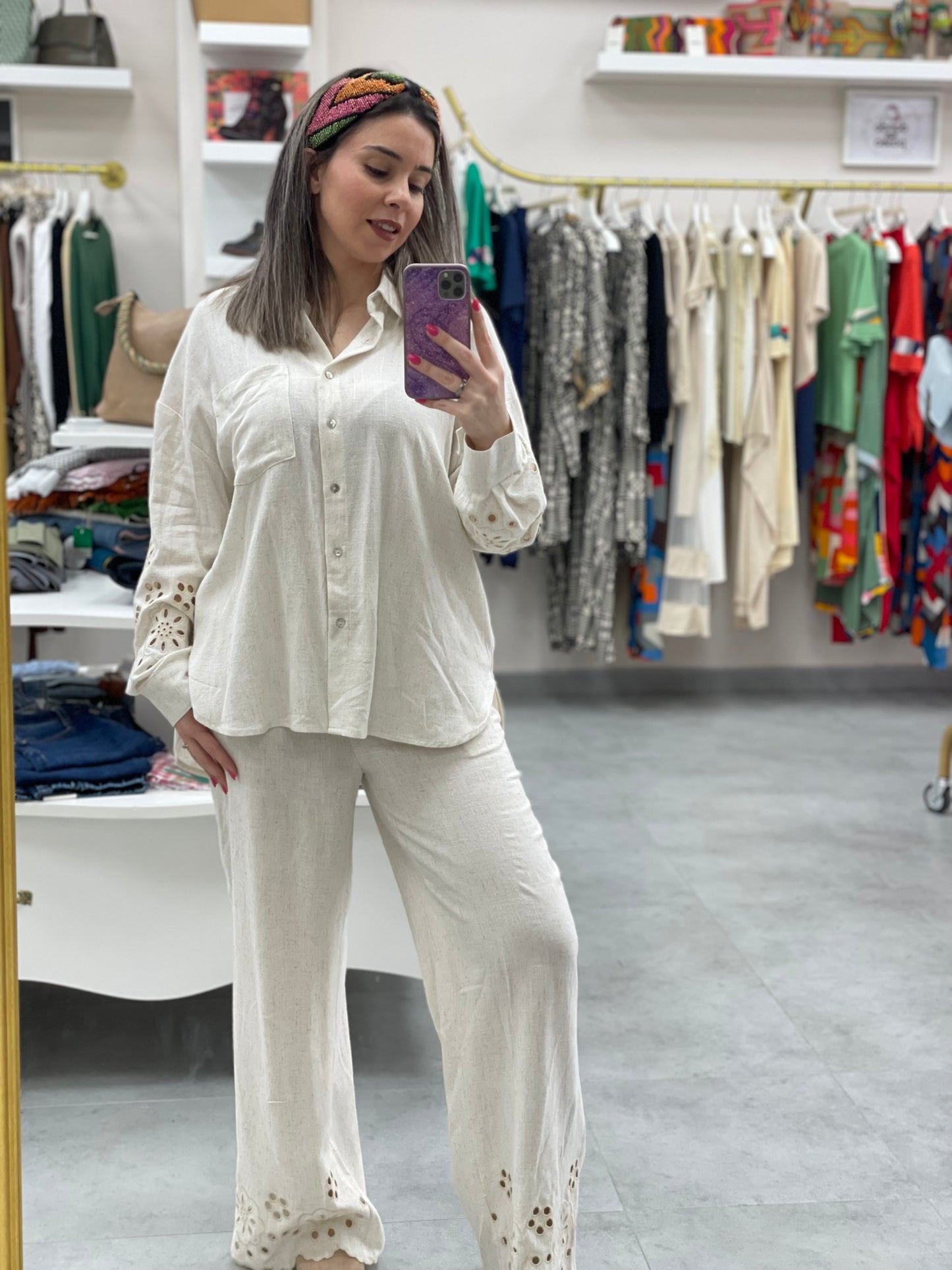 CONJUNTO LINO BEIGE BROCADOS - CAMISA PANTALON -