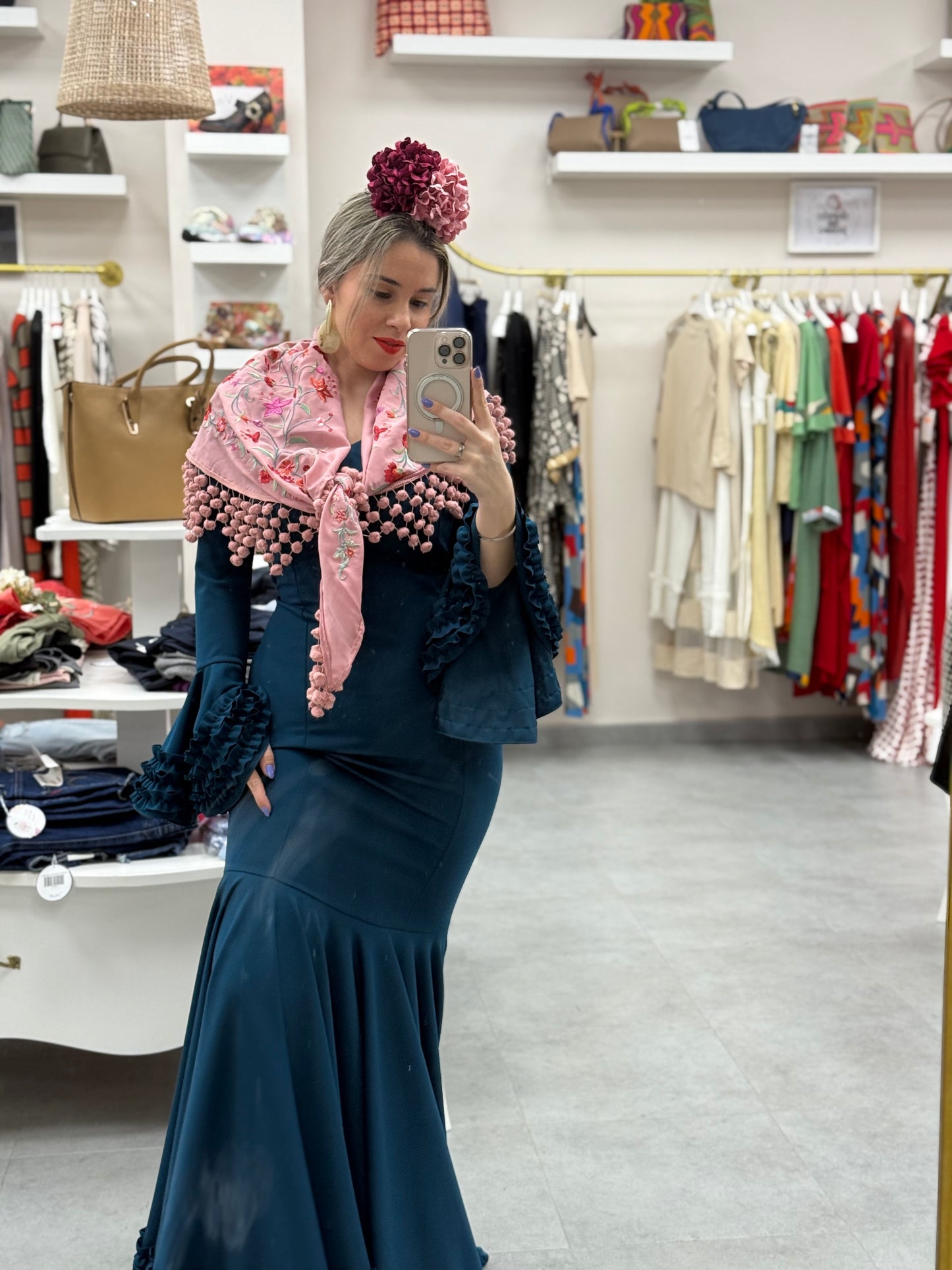 TRAJE FLAMENCA CARRUCHAS AZUL PETROLEO