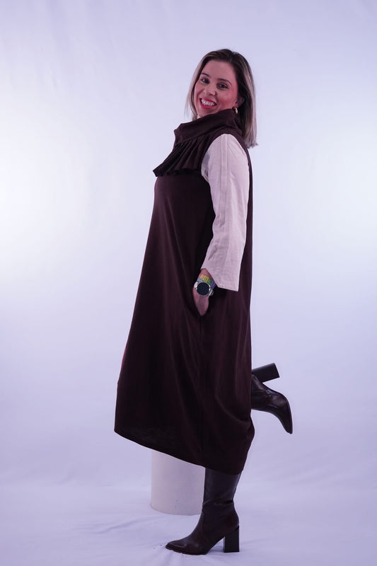 VESTIDO CUELLO BONET MARRON TRAZOS