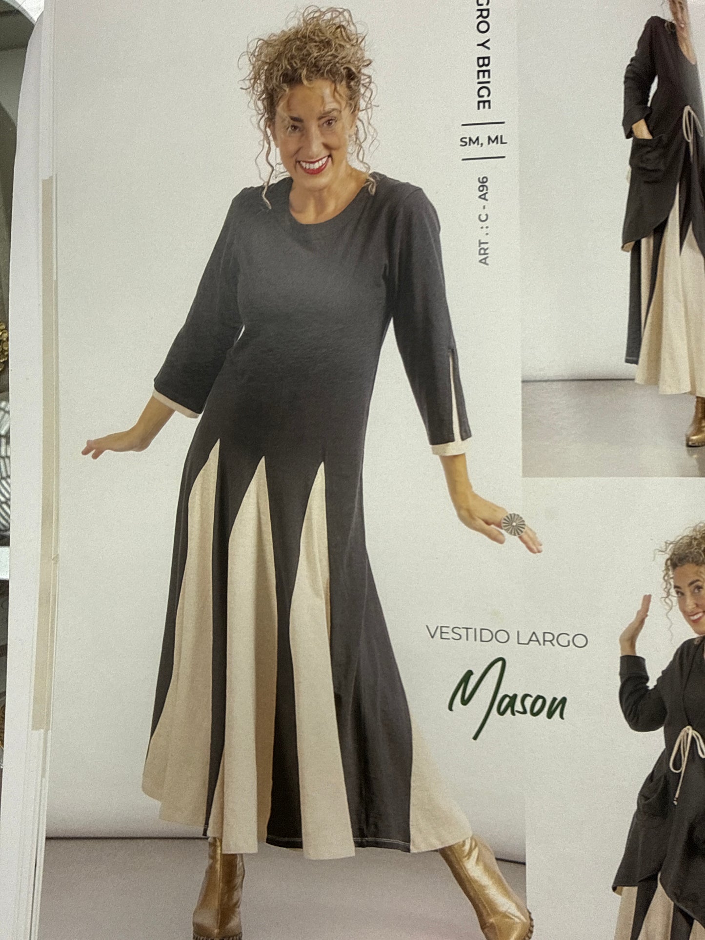 VESTIDO LARGO GODETES MASON BAMBU ULLASA NEGRO Y BEIGE