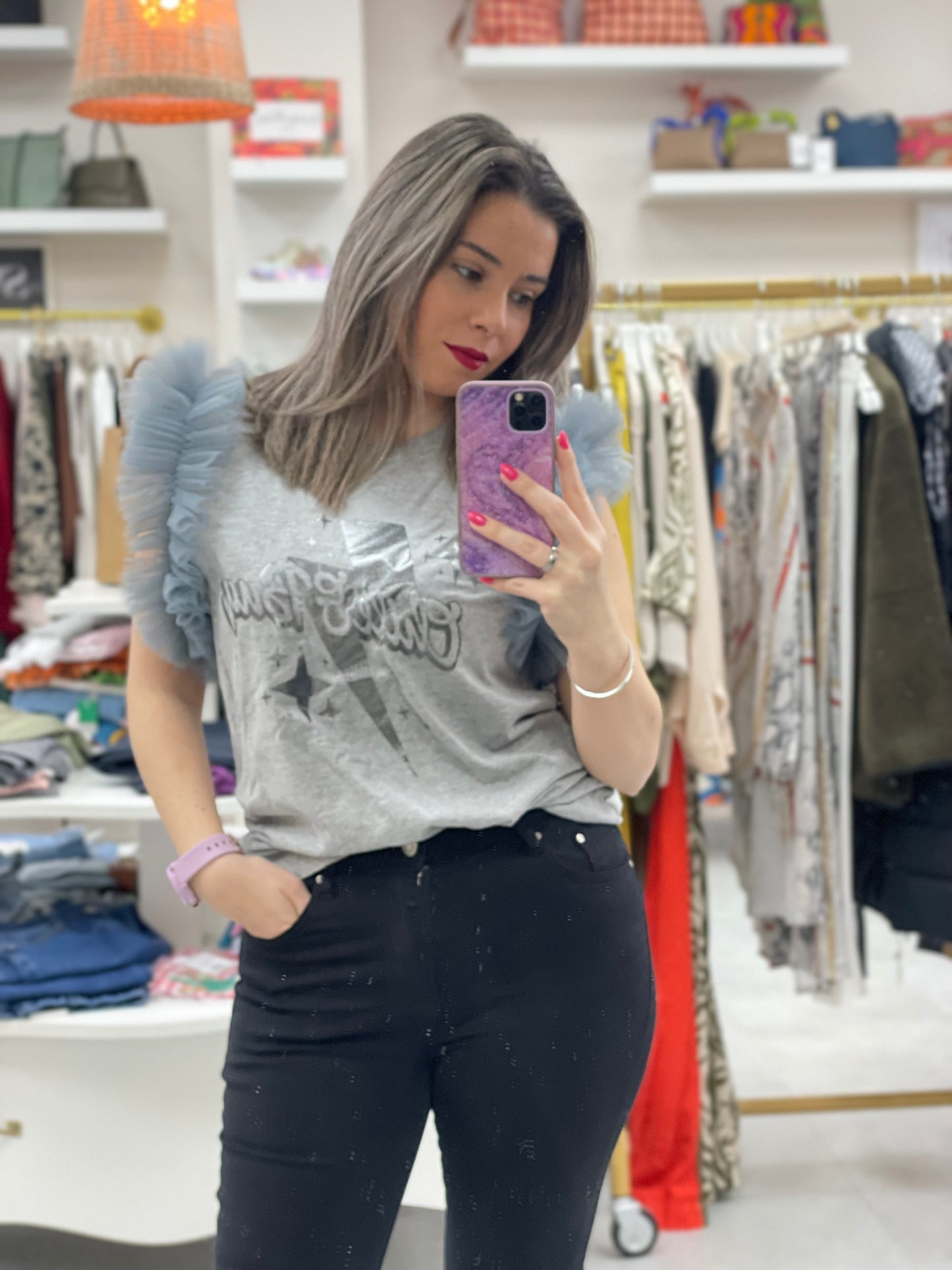 CAMISETA GRIS RAYO VOLANTE TUL GRIS