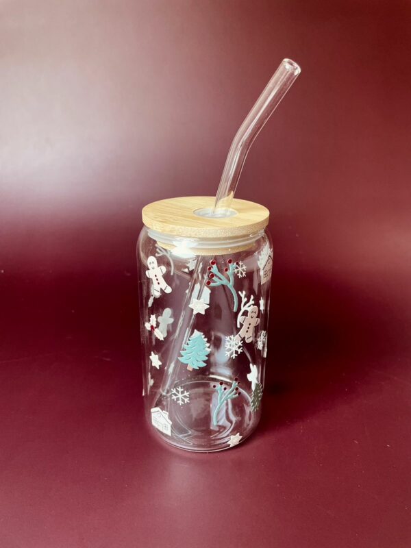 VASO TÉ TRANSPARENTE CON PAJITA NAVIDEÑO