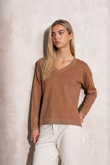 SUÉTER DE PUNTO DE LUREX CON CUELLO V BRONCE