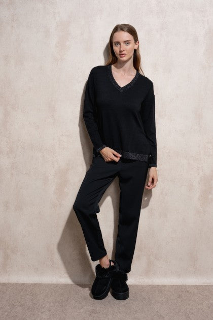 SUÉTER DE PUNTO DE LUREX CON CUELLO V NEGRO