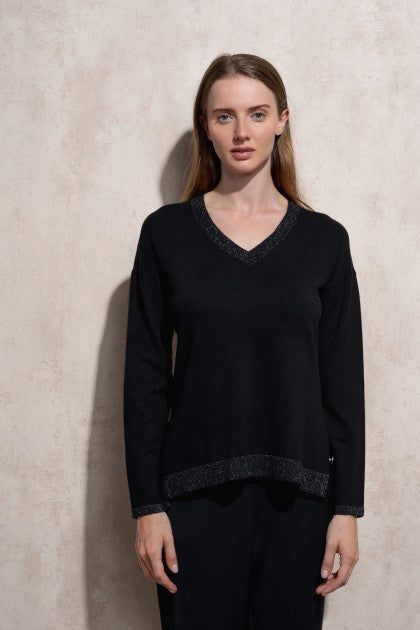 SUÉTER DE PUNTO DE LUREX CON CUELLO V NEGRO
