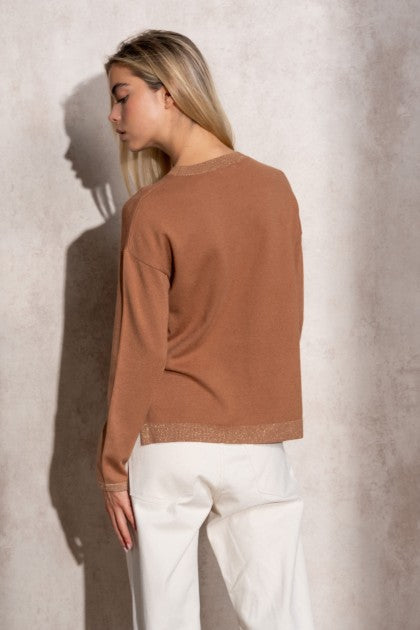 SUÉTER DE PUNTO DE LUREX CON CUELLO REDONDO BRONCE