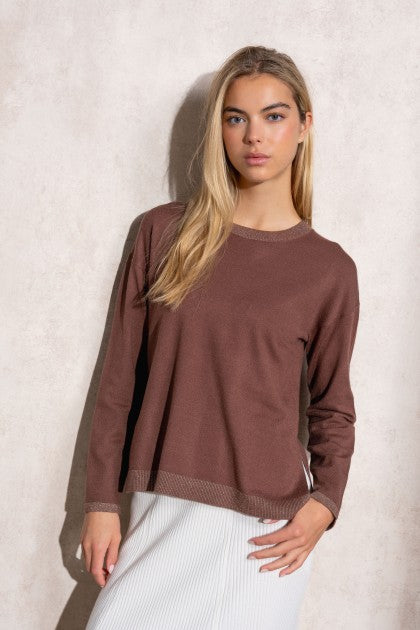 SUÉTER DE PUNTO DE LÚREX CON CUELLO REDONDO MARRON