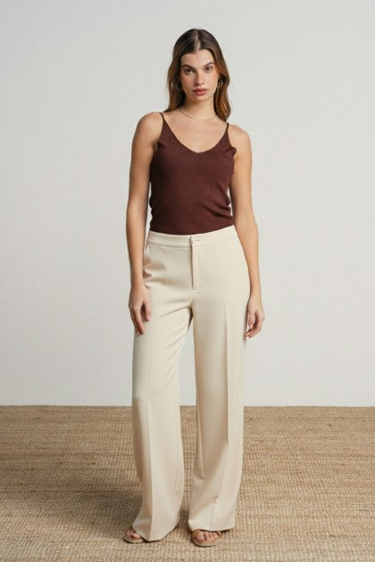 PANTALÓN DE PIERNA ANCHA Y CINTURA ALTA BEIGE