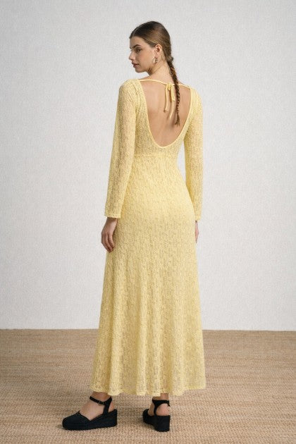 VESTIDO LARGO CON ENCAJE Y ESCOTE REDONDO AMARILLO