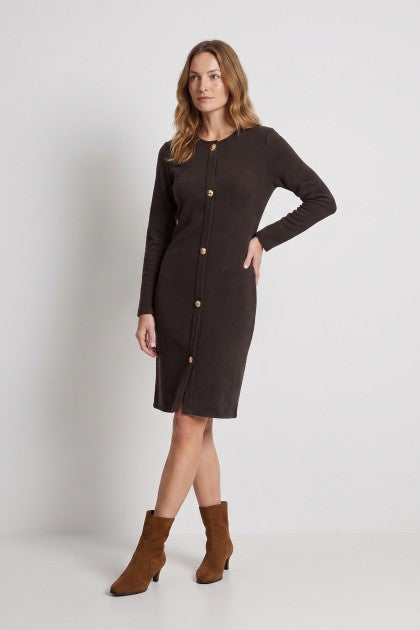 VESTIDO DE PUNTO MARRON CHOCOLATE CON APLIQUES DORADO