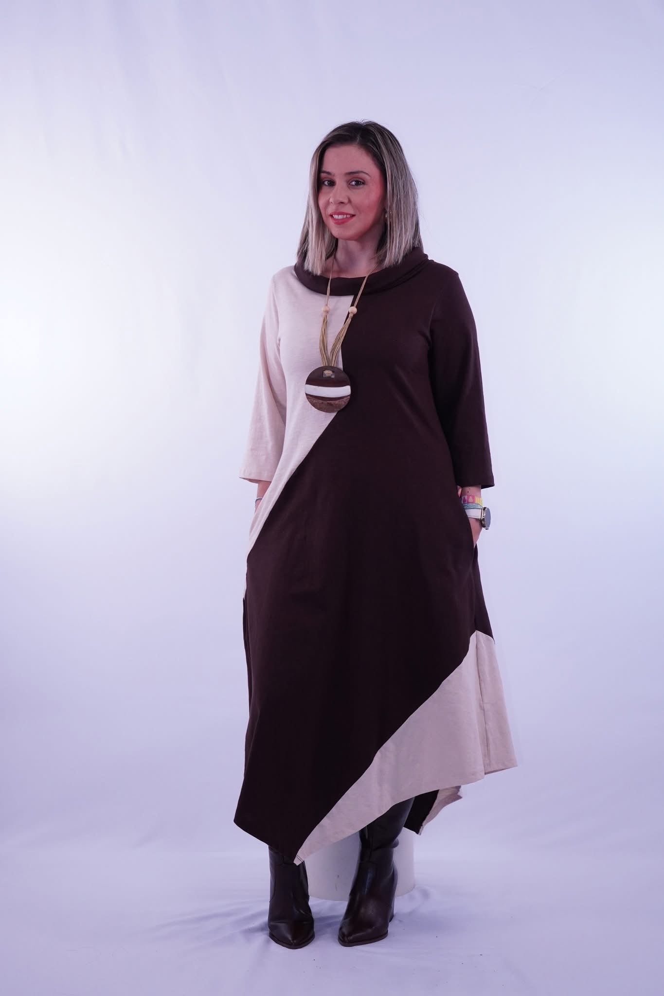 VESTIDO BICOLOR HESSE MARRON TRAZOS