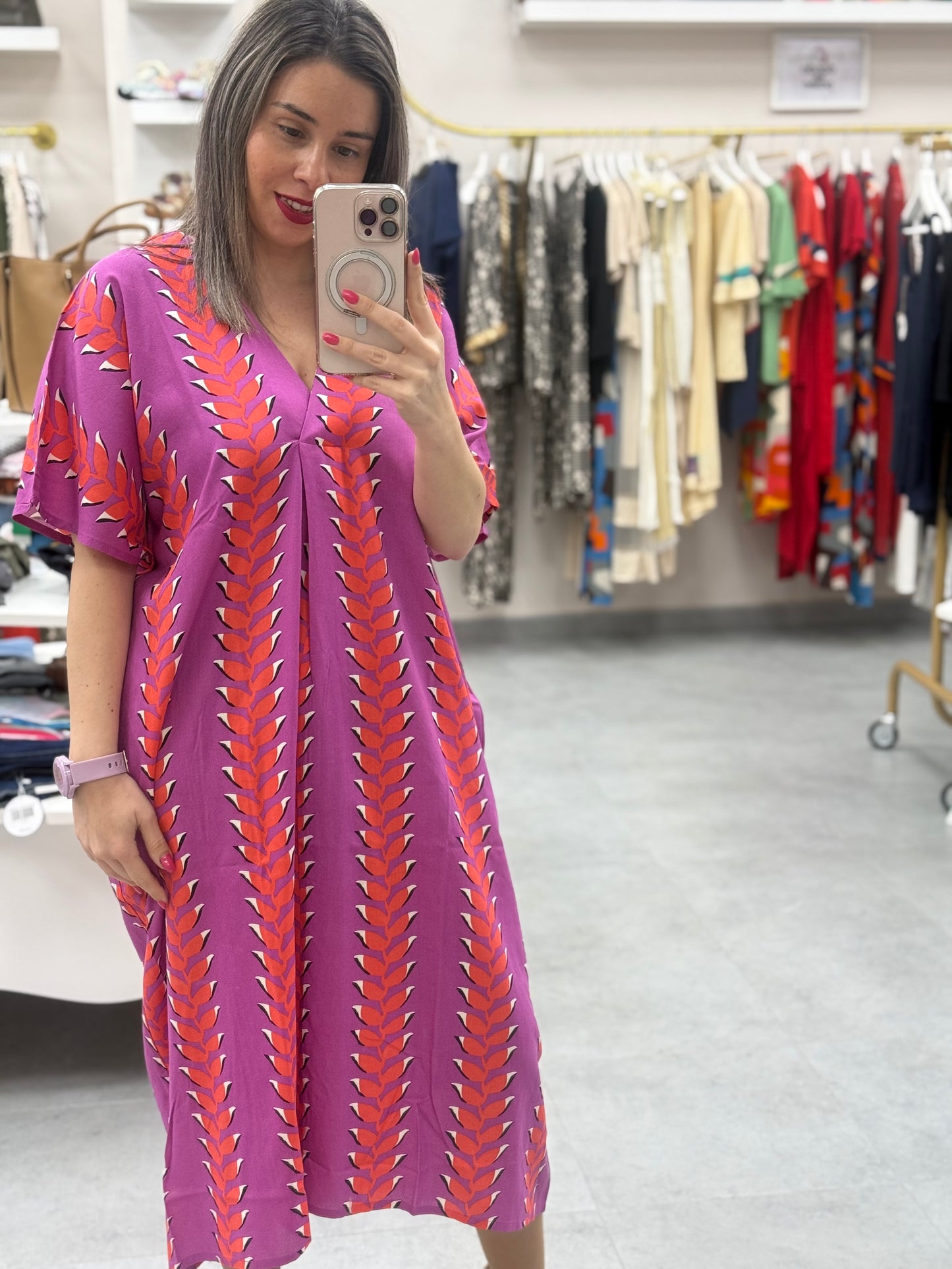 VESTIDO PICO HOJAS  FUCSIA