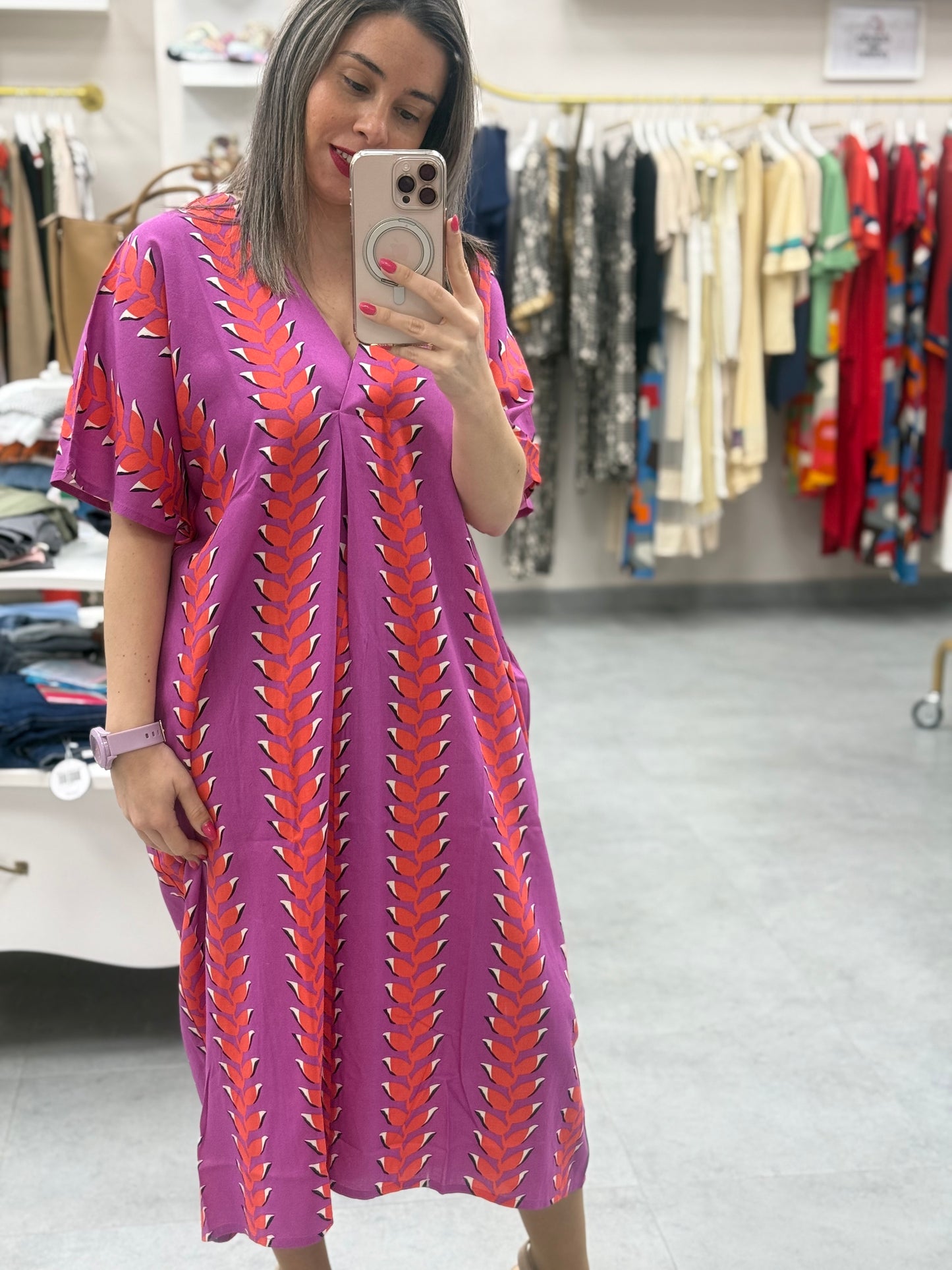 VESTIDO PICO HOJAS  FUCSIA
