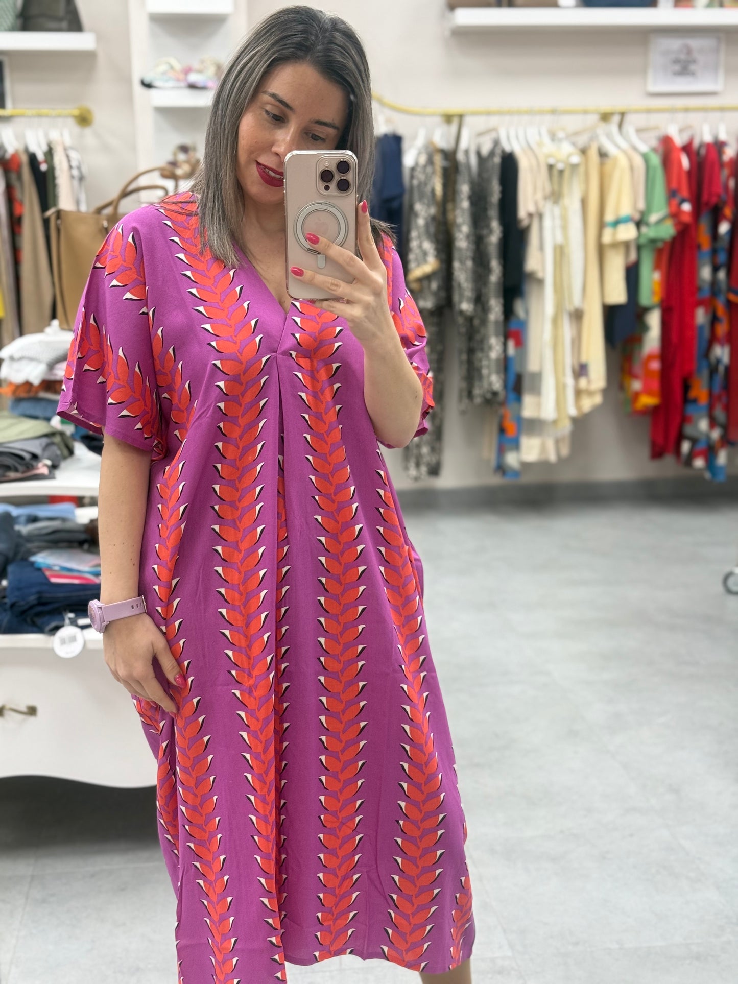 VESTIDO PICO HOJAS  FUCSIA