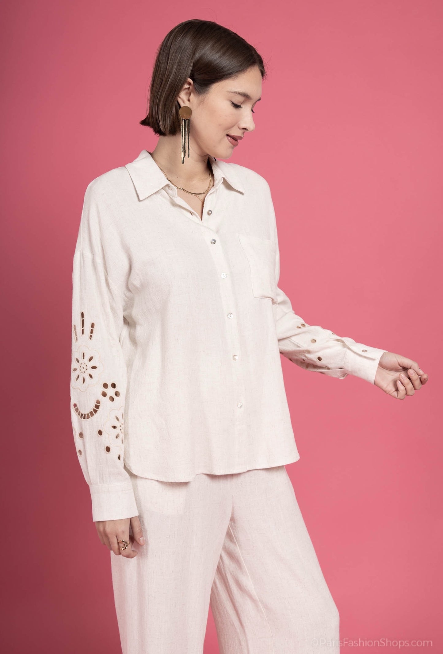 CONJUNTO LINO BEIGE BROCADOS - CAMISA PANTALON -