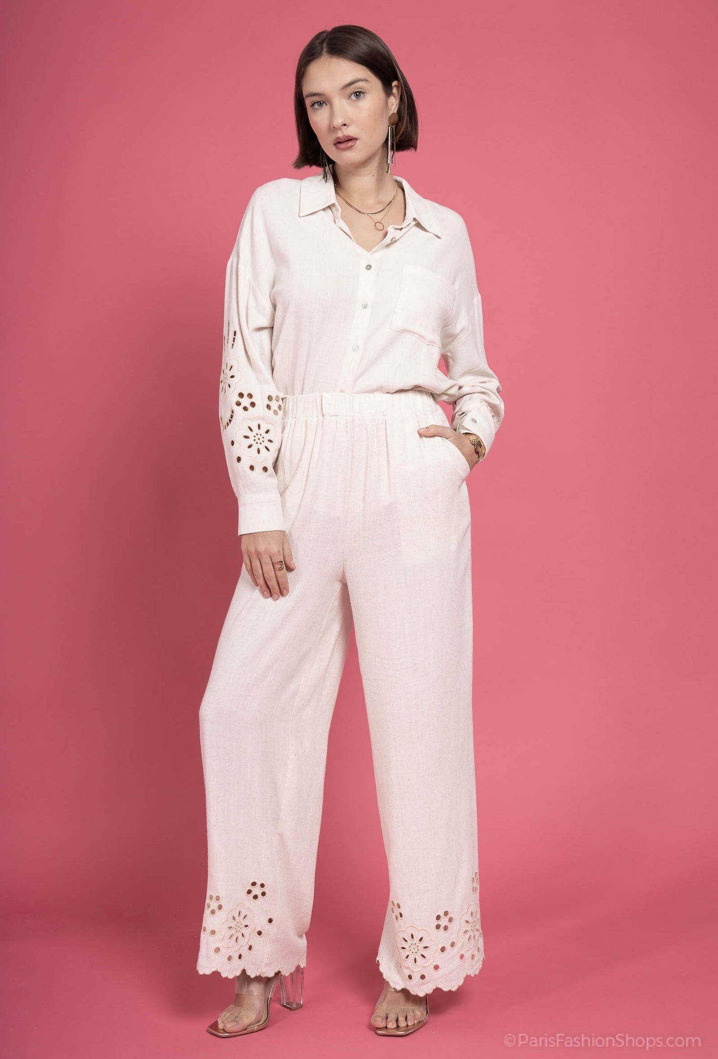 CONJUNTO LINO BEIGE BROCADOS - CAMISA PANTALON -