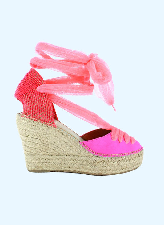 ALPARGATA CUÑA ALTA FUCSIA CON TUL MERIDIAN 19