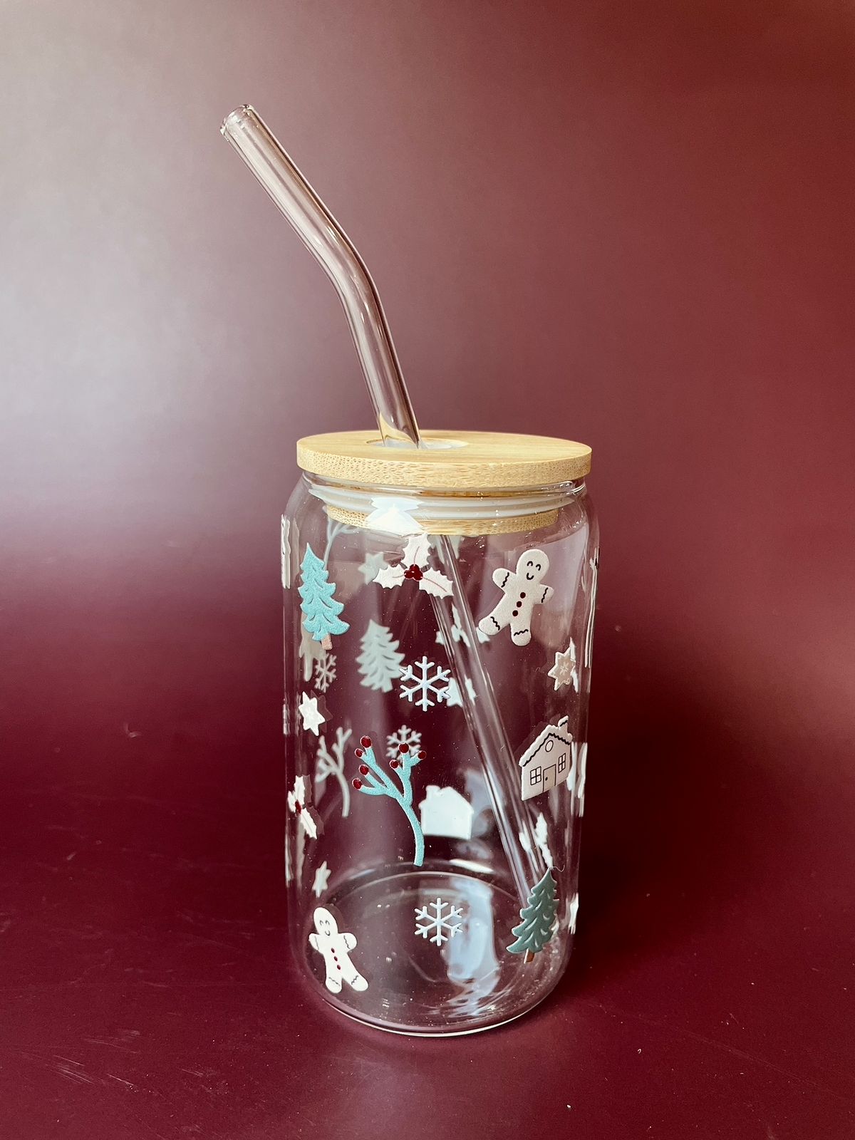 VASO TÉ TRANSPARENTE CON PAJITA NAVIDEÑO