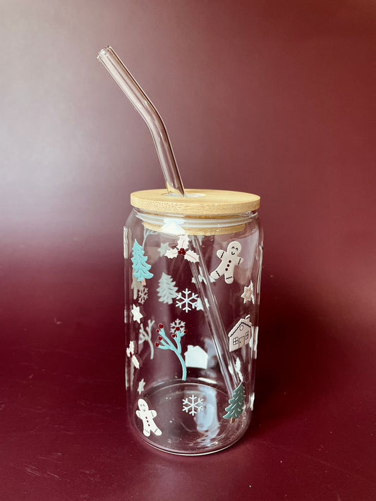 VASO TÉ TRANSPARENTE CON PAJITA NAVIDEÑO